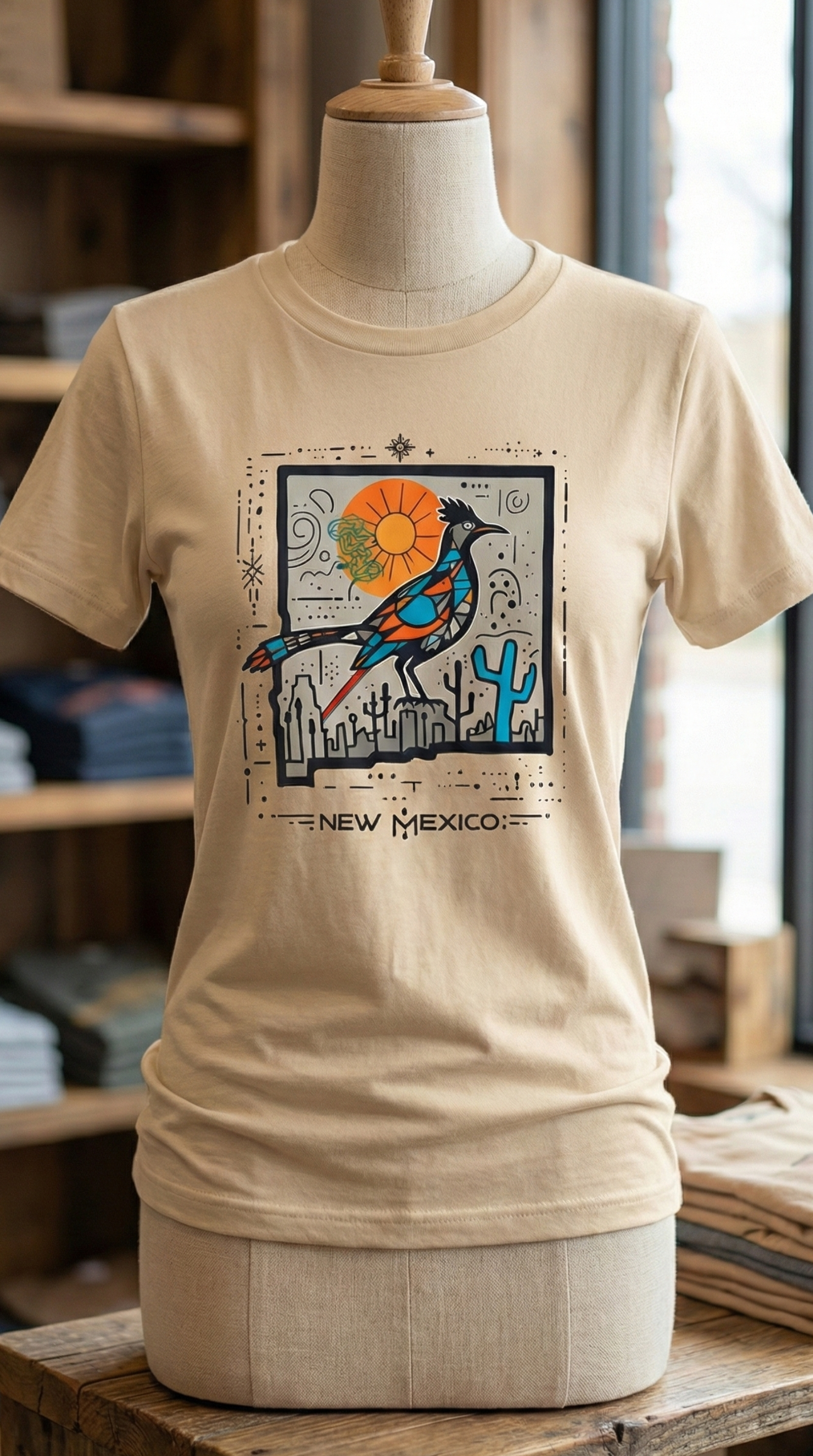Beige t-shirt with New Mexico design on a mannequin in a store setting