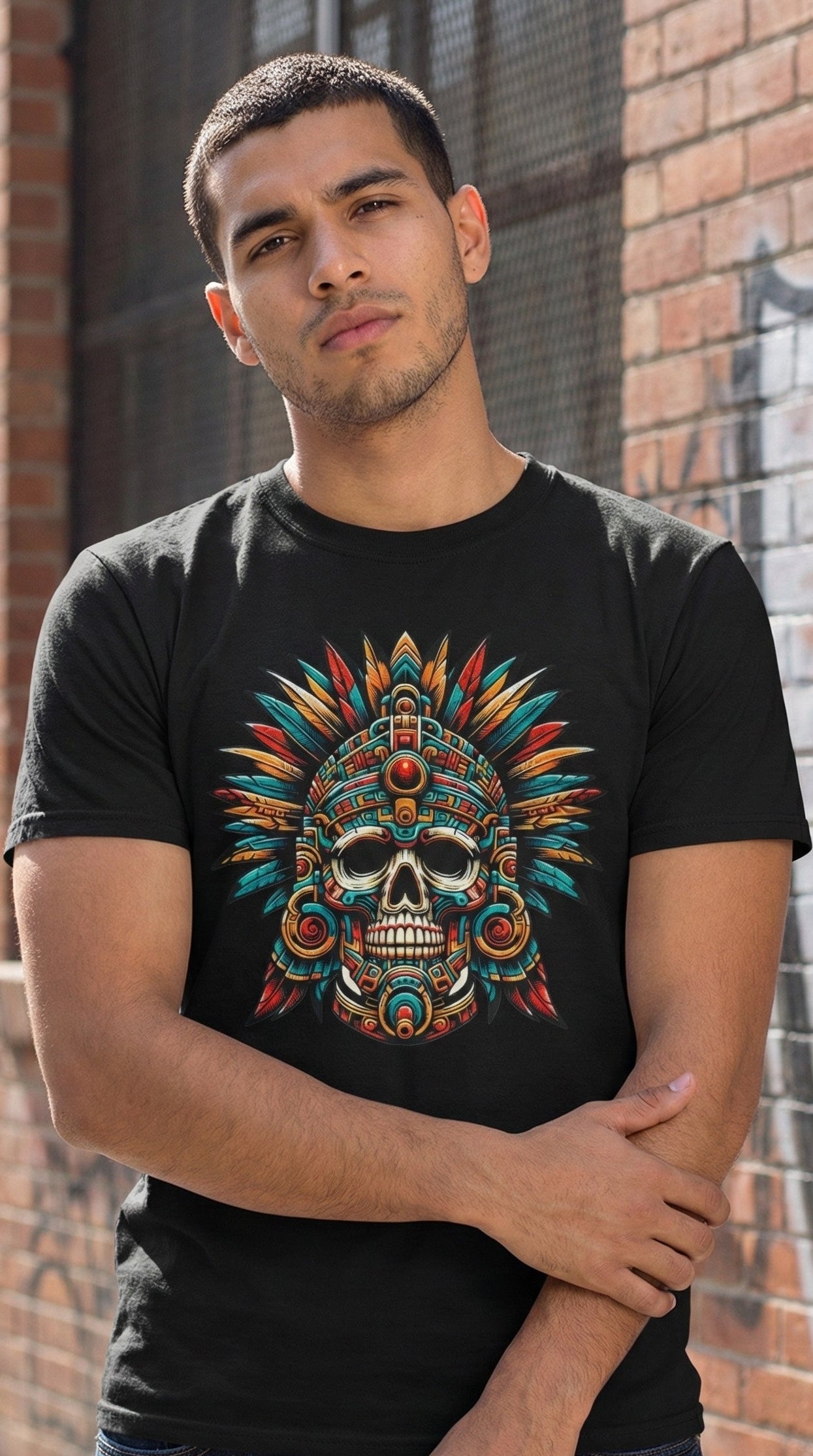 Man wearing a black t-shirt with a colorful skull design against a brick wall.