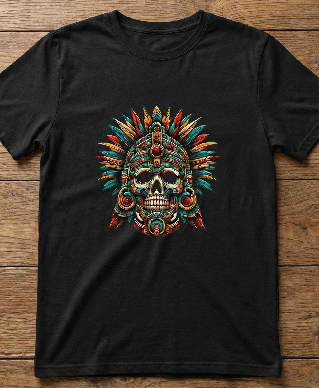 Black t-shirt with a colorful skull design on a wooden surface