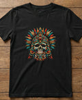 Black t-shirt with a colorful skull design on a wooden surface