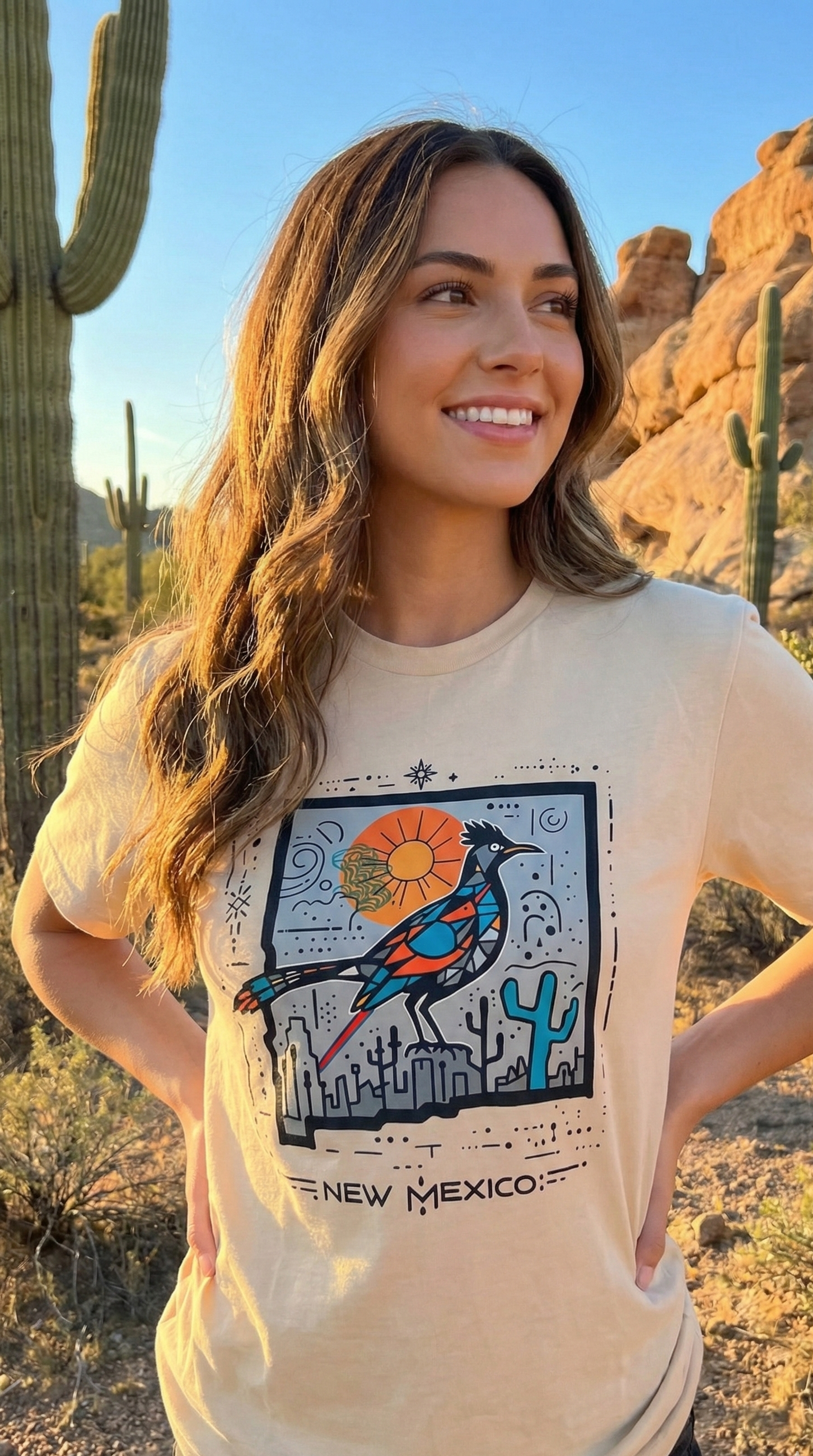 Woman wearing a New Mexico-themed t-shirt in a desert setting with cacti and rock formations.