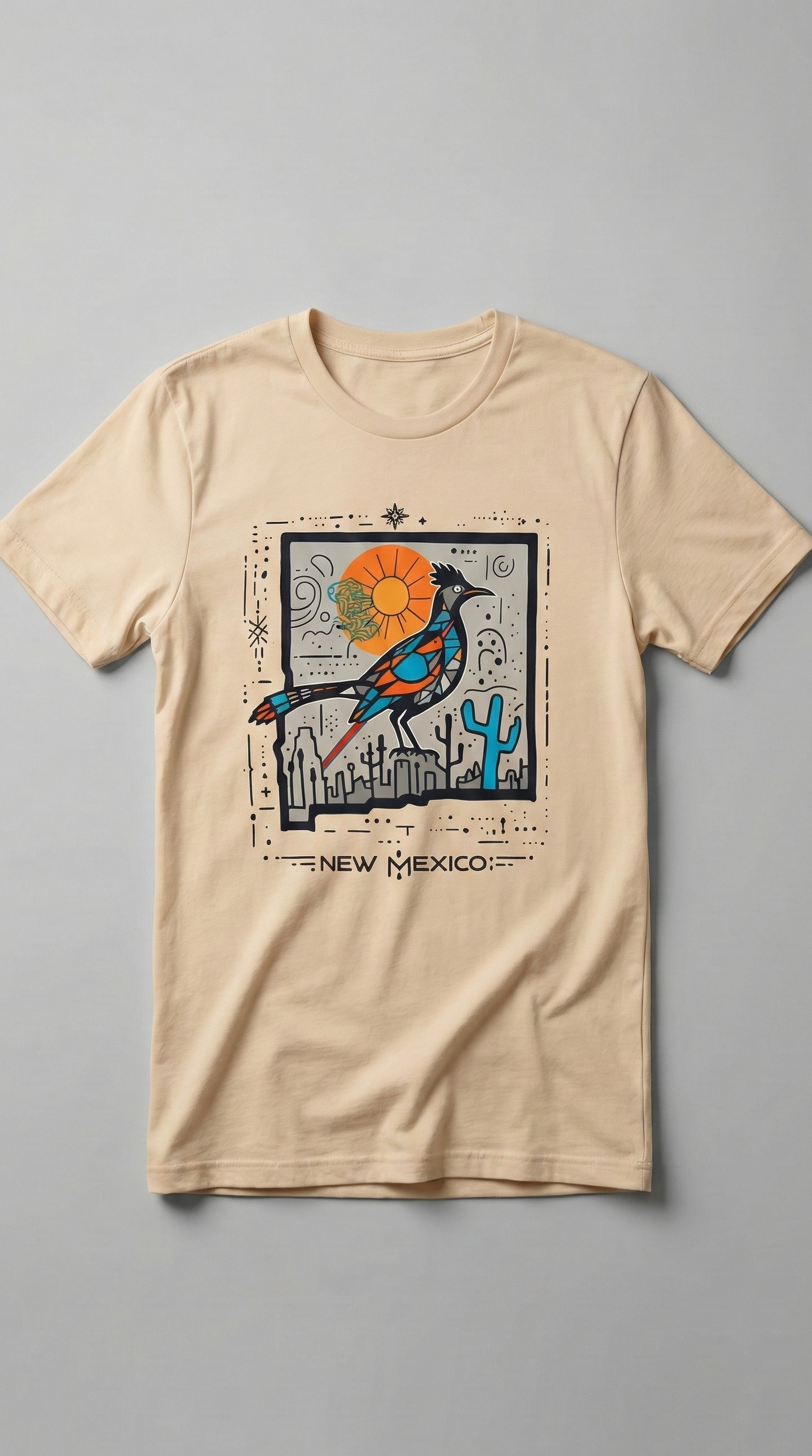 Beige t-shirt with New Mexico-themed graphic on a gray background