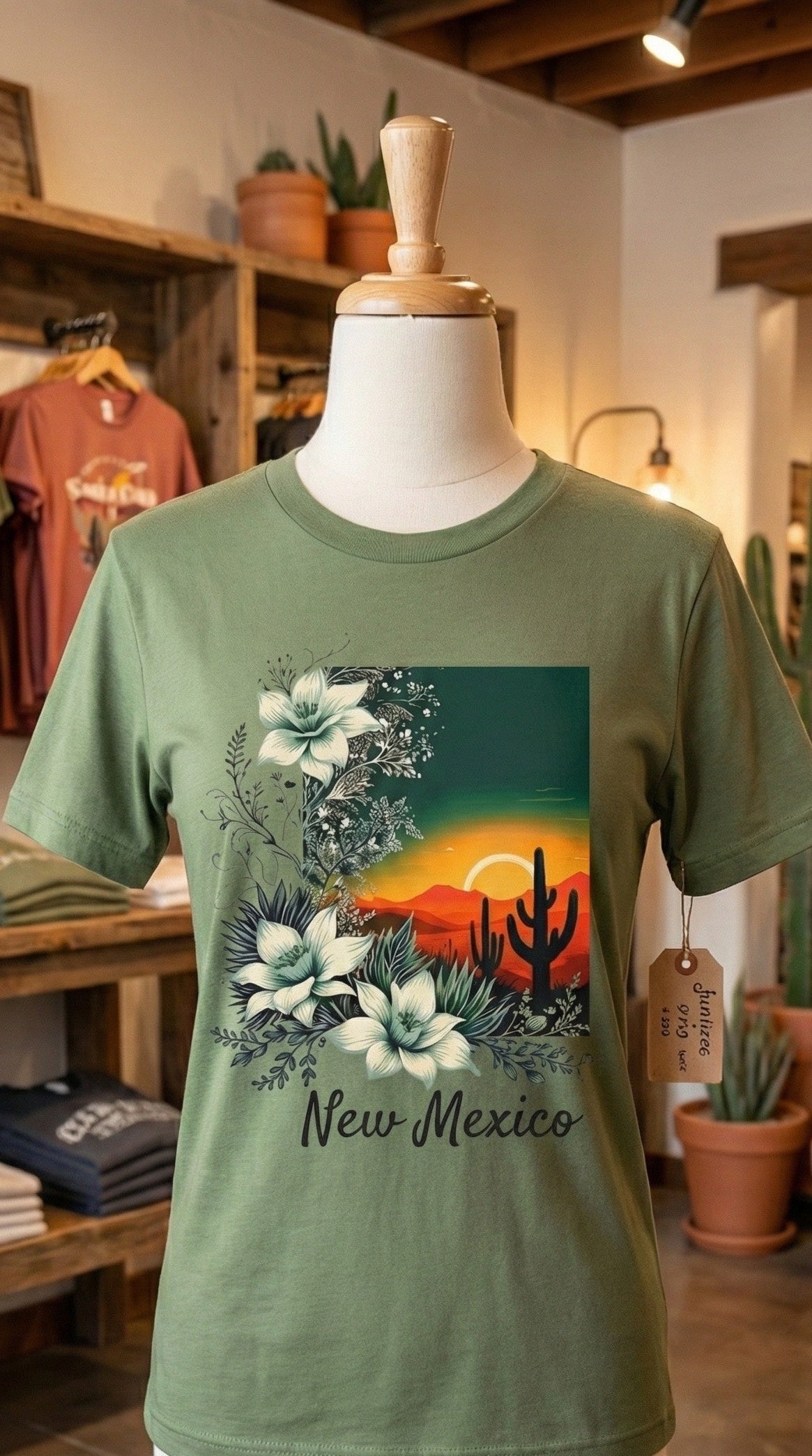 Green t-shirt with New Mexico design on a mannequin in a store setting.