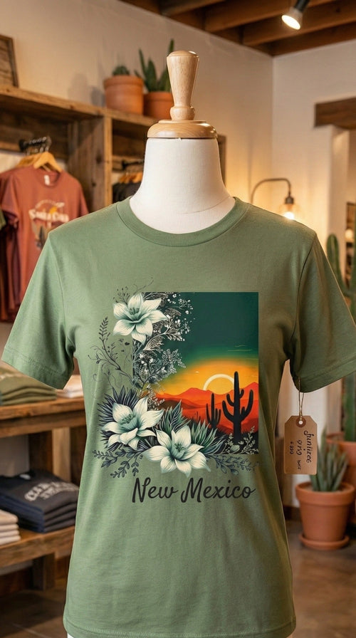 Green t-shirt with New Mexico design on a mannequin in a store setting.