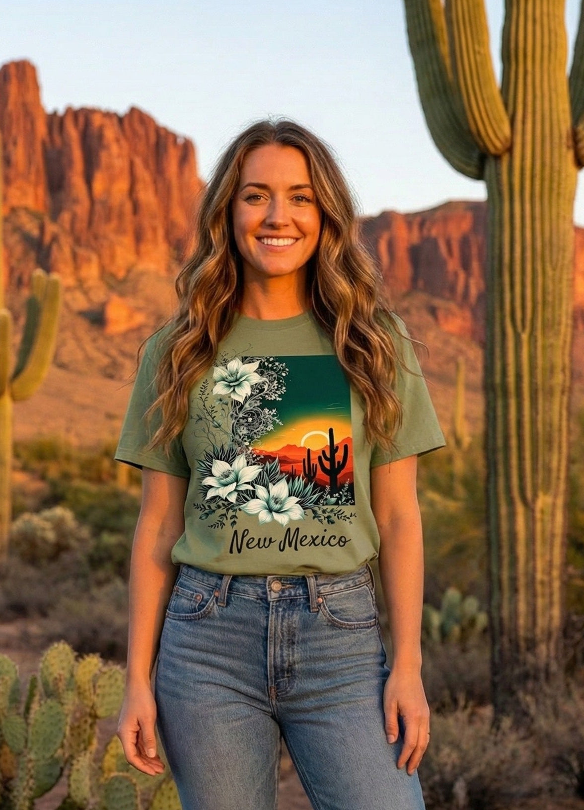 Woman standing in a desert landscape with cacti, wearing a New Mexico-themed t-shirt and jeans.