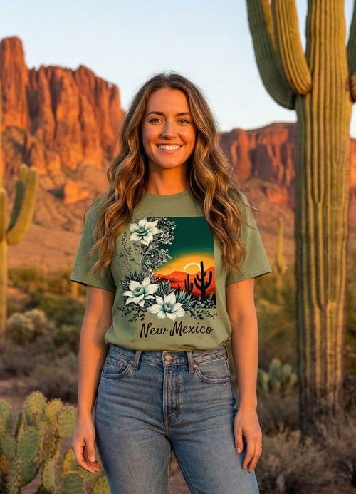 Woman standing in a desert landscape with cacti, wearing a New Mexico-themed t-shirt and jeans.